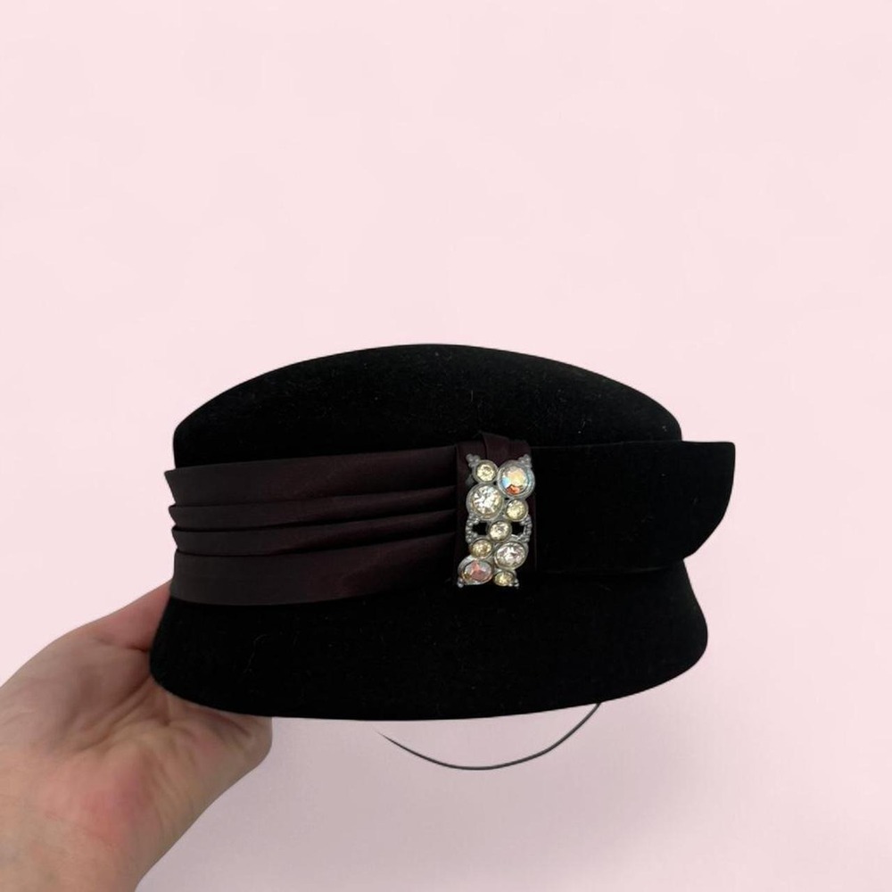 Vintage Black Velvet Pillbox Hat with Rhinestone Buckle Detail